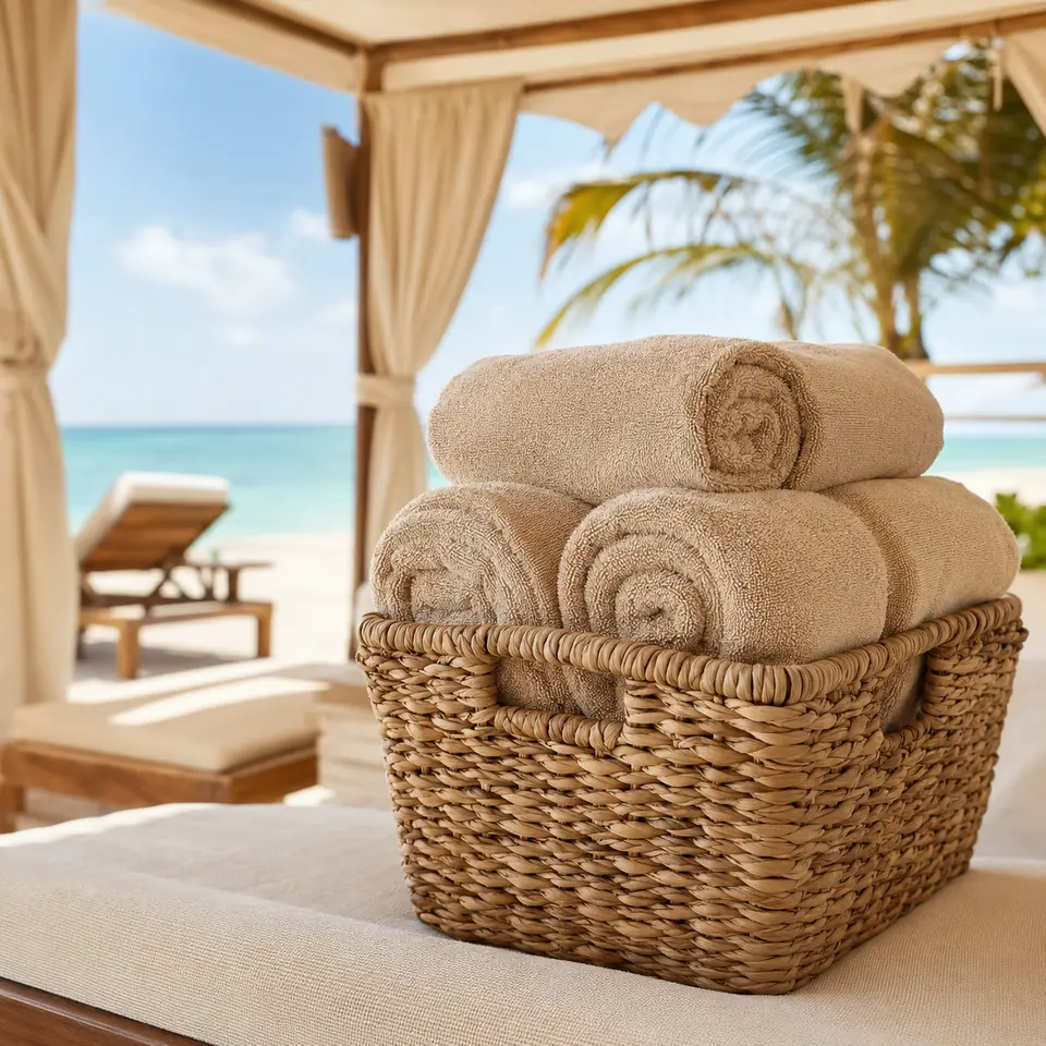 Resort towels arranged in a beach cabana
