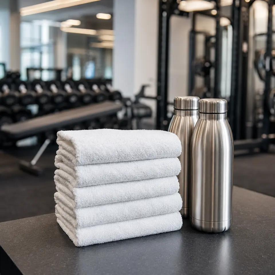 Compact hotel gym towels in a fitness center
