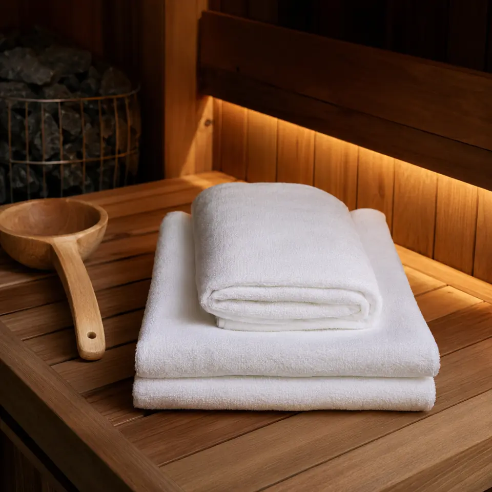 White sauna towels arranged on a cedar bench