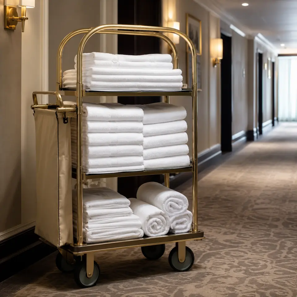 Hotel Bath Linens organized on a housekeeping cart