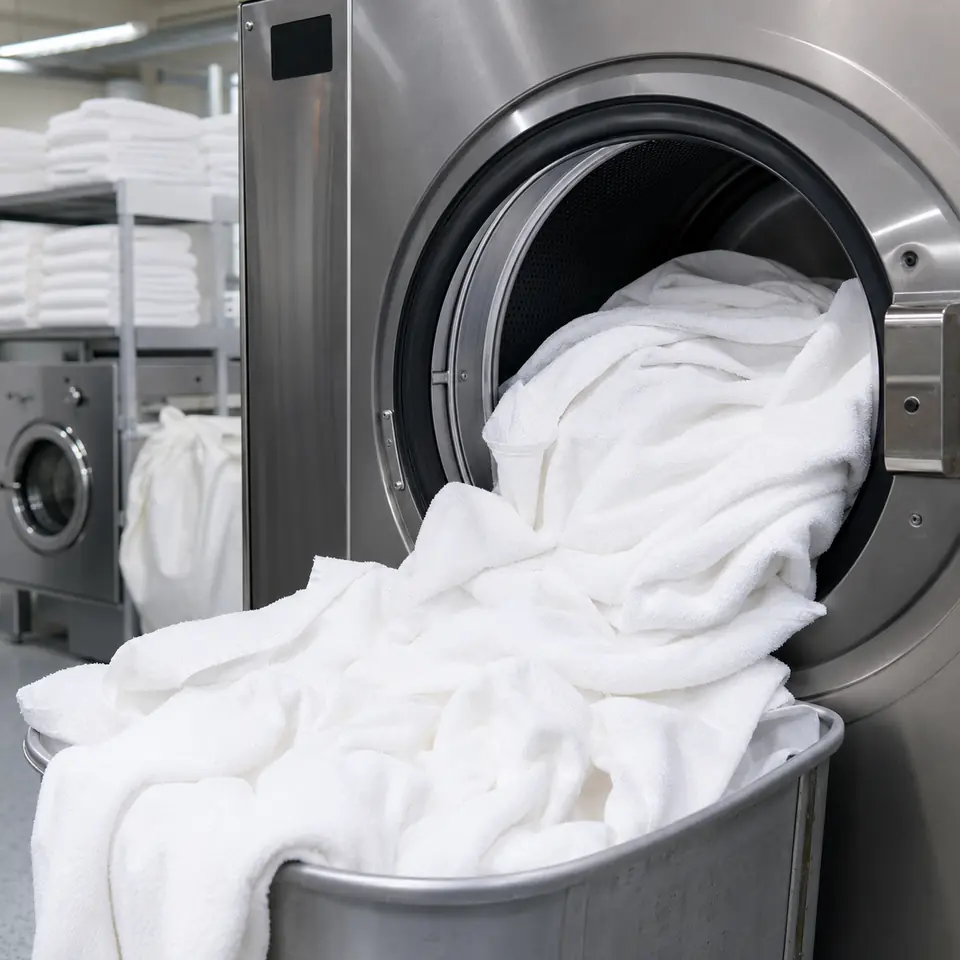 Hotel towels moving through a commercial laundry operation