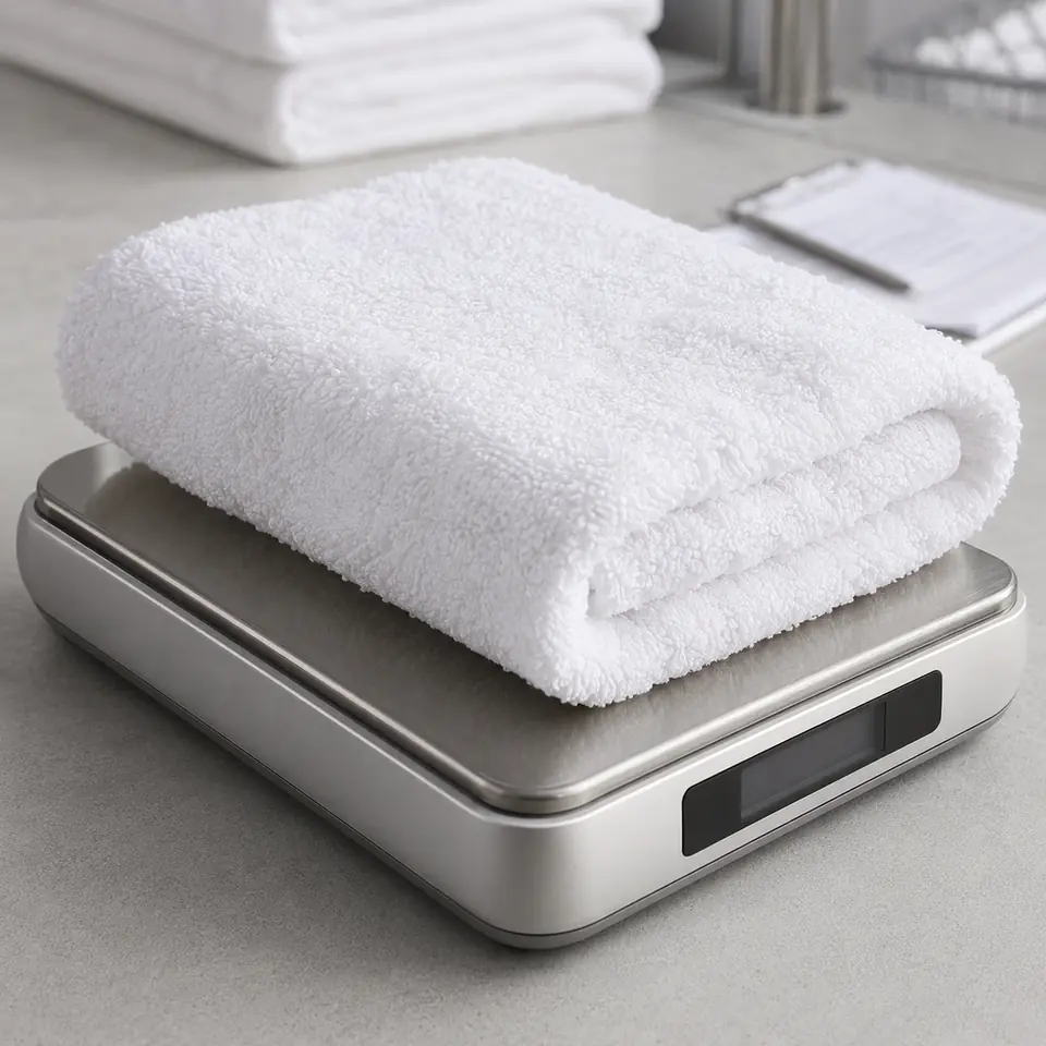 Hotel towel weight checked during textile quality control