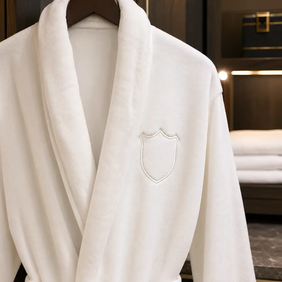 Tonal embroidery detail on a hotel bathrobe