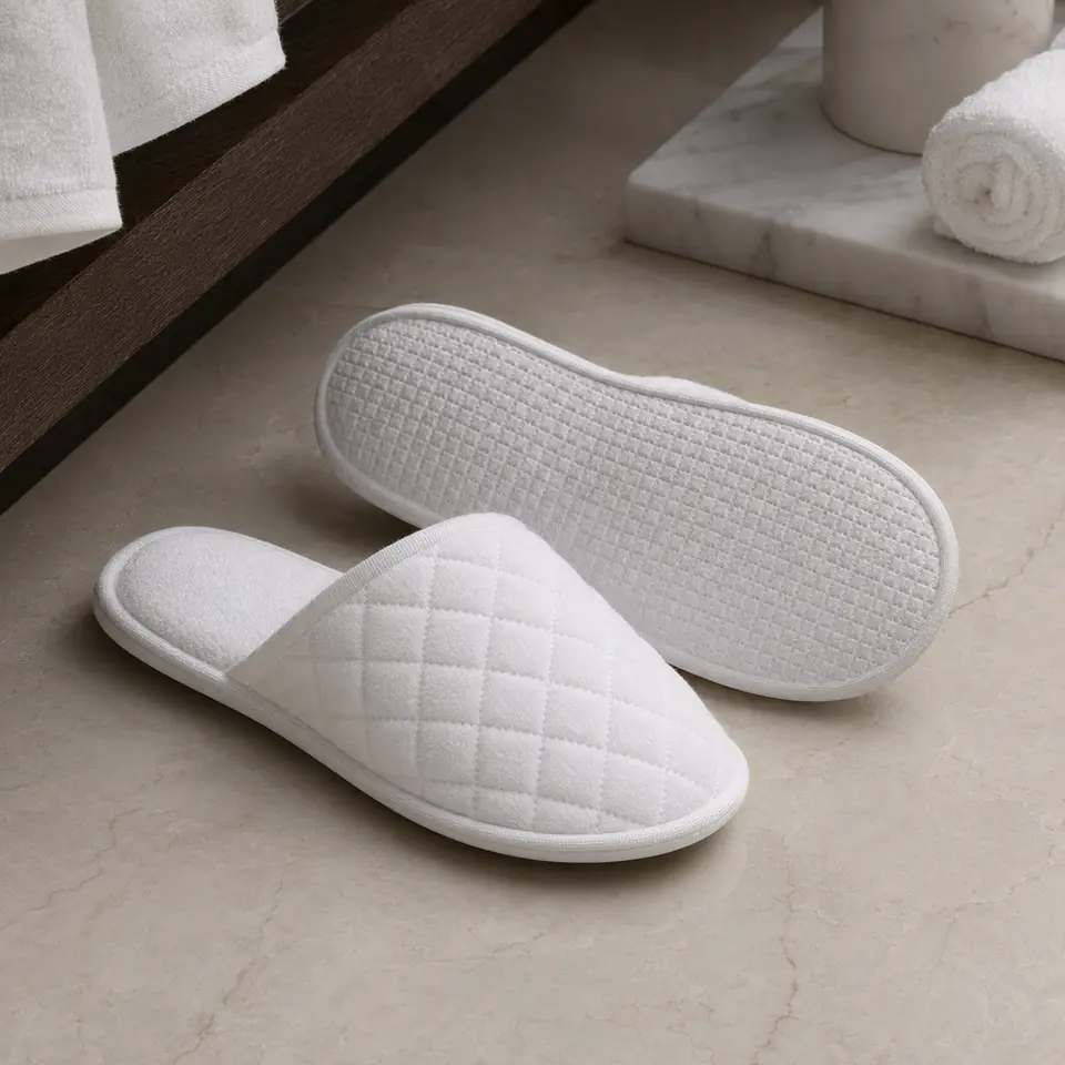 Hotel slipper with a textured non-slip sole