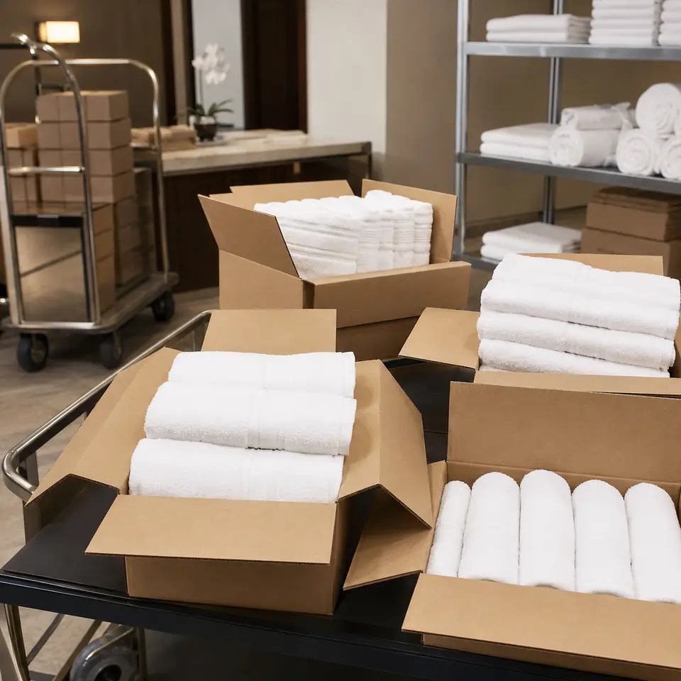 Bath Linens packed in hospitality supply cartons