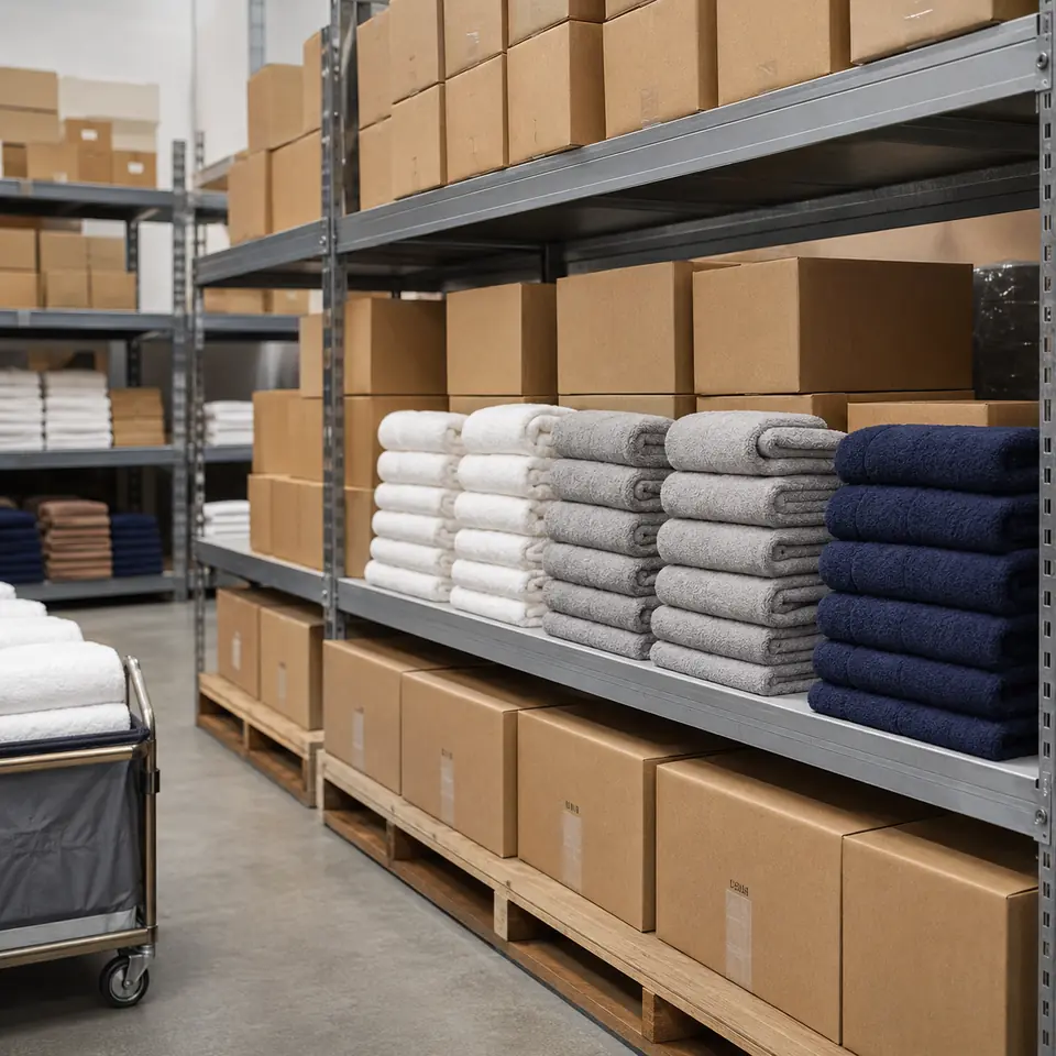 Bath Linen cartons organized on warehouse racks