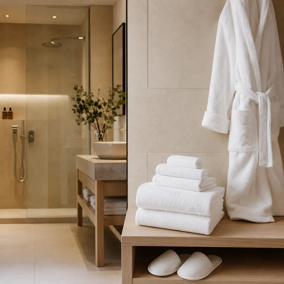 Room-ready hotel towel, bathrobe, and slipper setup