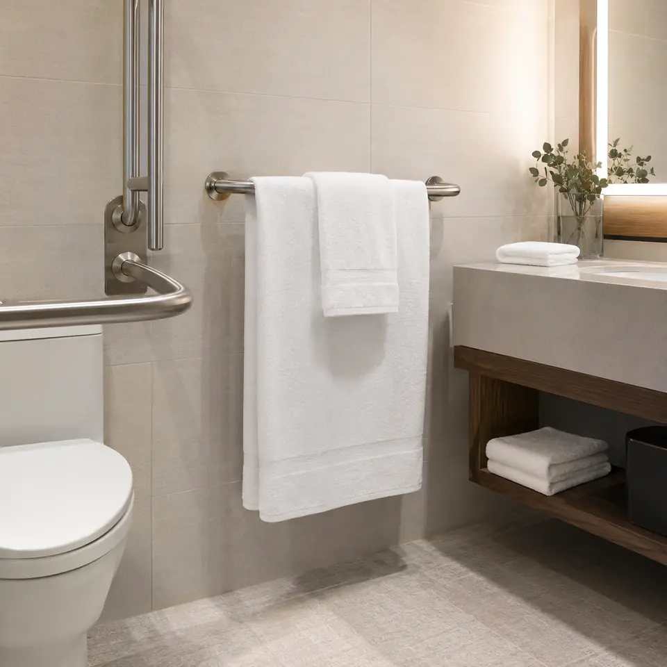 Bath Linens placed within reach in an accessible hotel bathroom