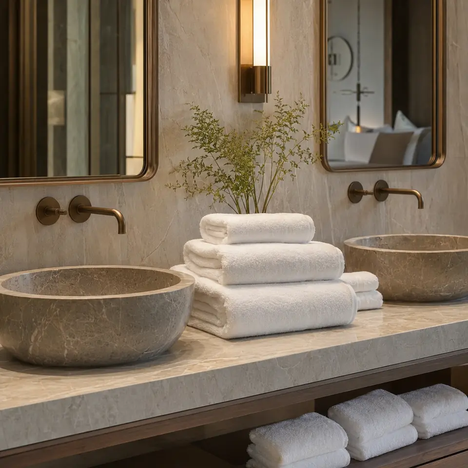 Bath towels prepared on a luxury hotel suite vanity