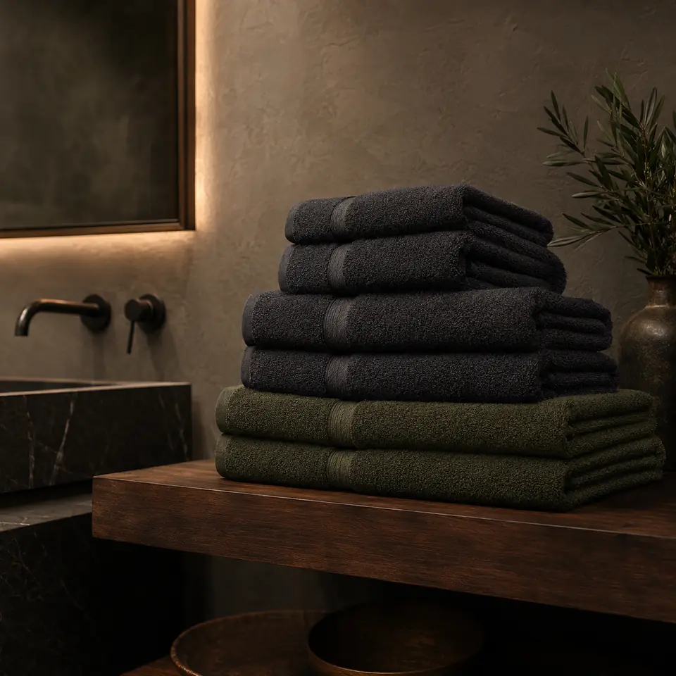 Charcoal towels in a boutique hotel bathroom