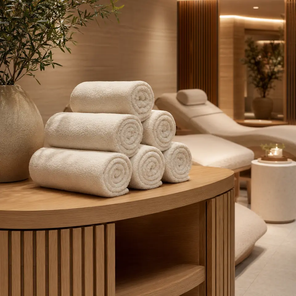 Spa towels prepared in a hotel wellness lounge