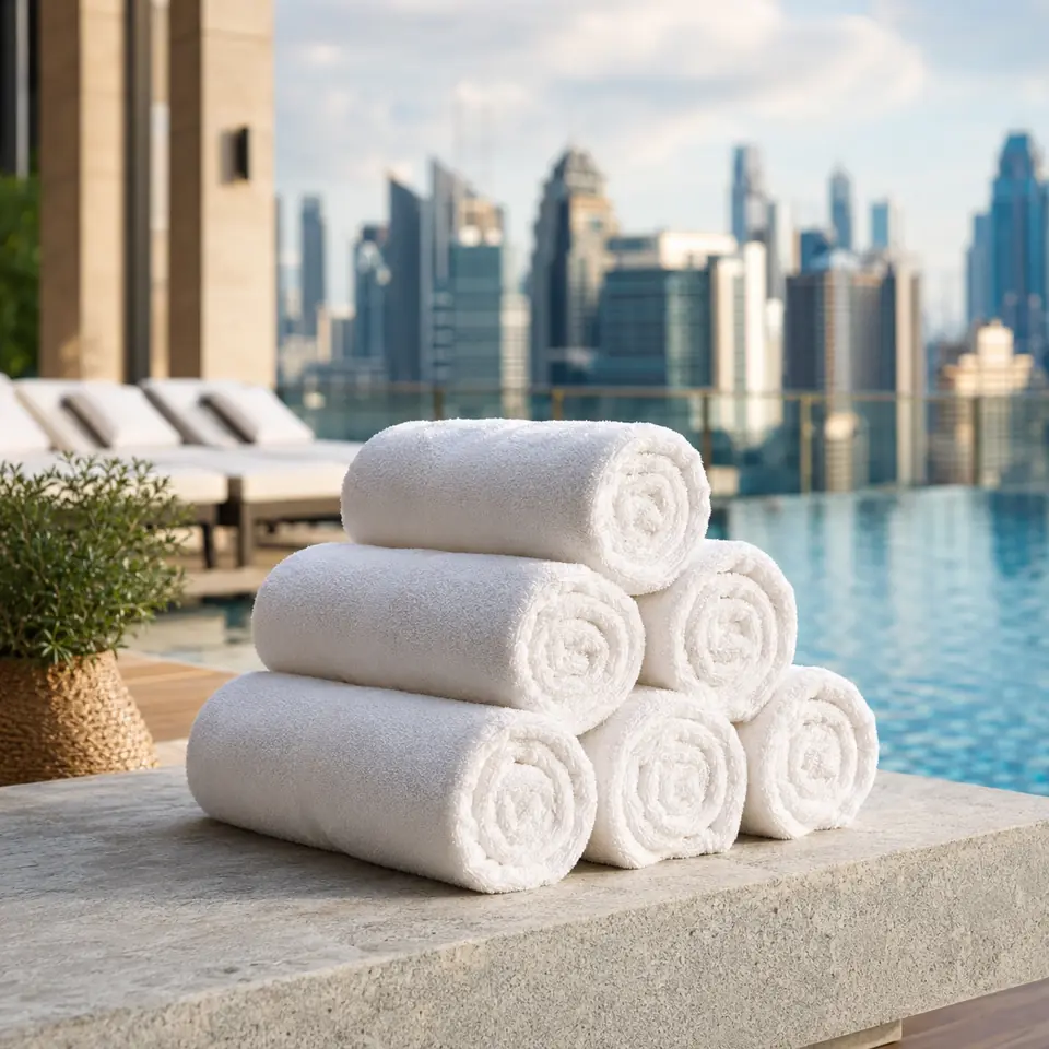 Pool towels at an urban hotel rooftop pool