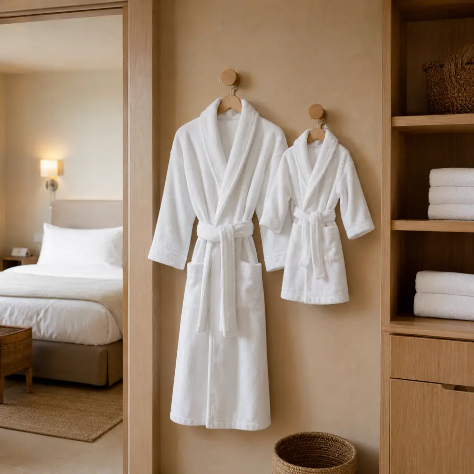 Adult and children bathrobes in a family hotel room