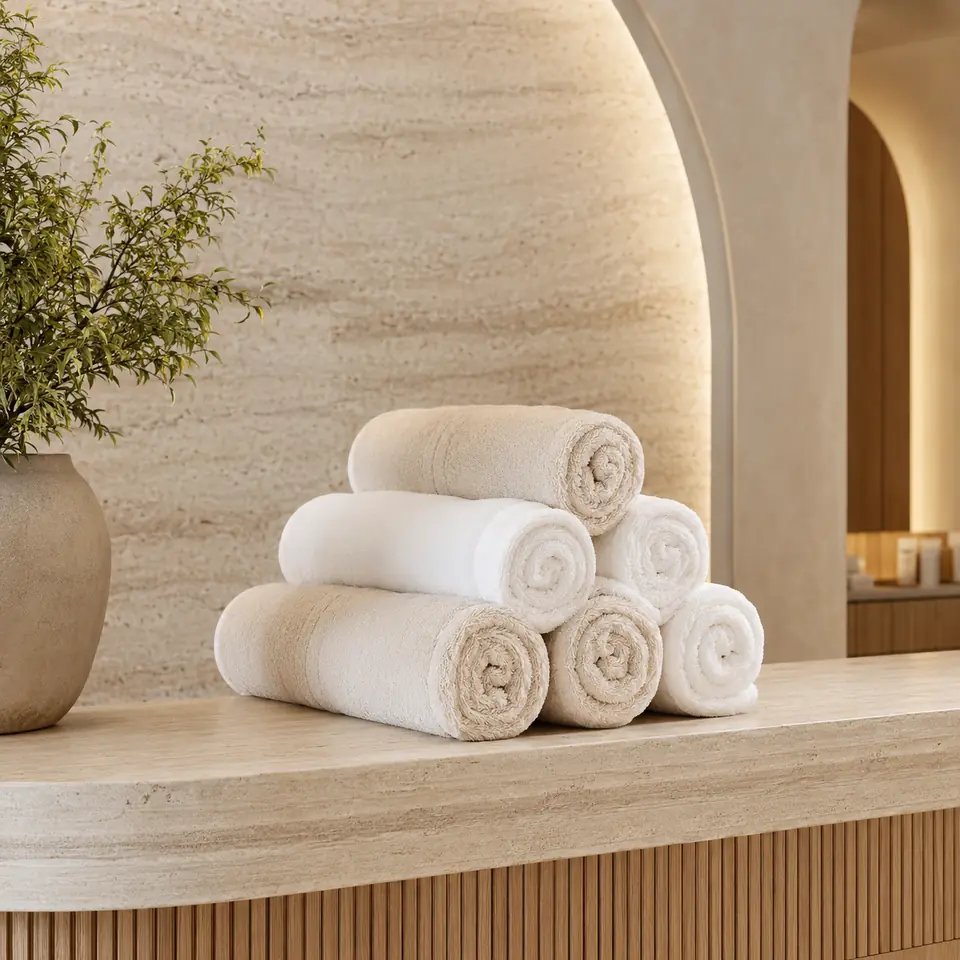 Rolled towels presented at a hotel spa reception