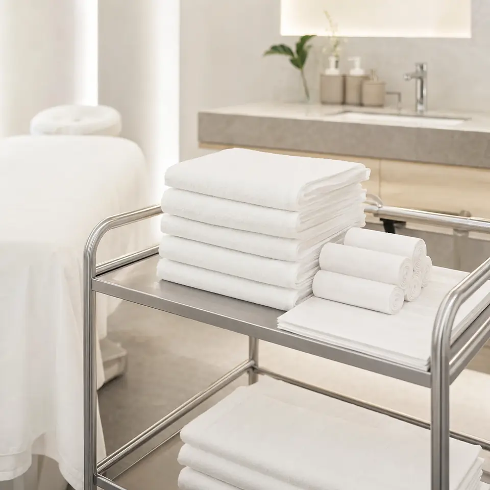 Disposable spa towels on a treatment trolley