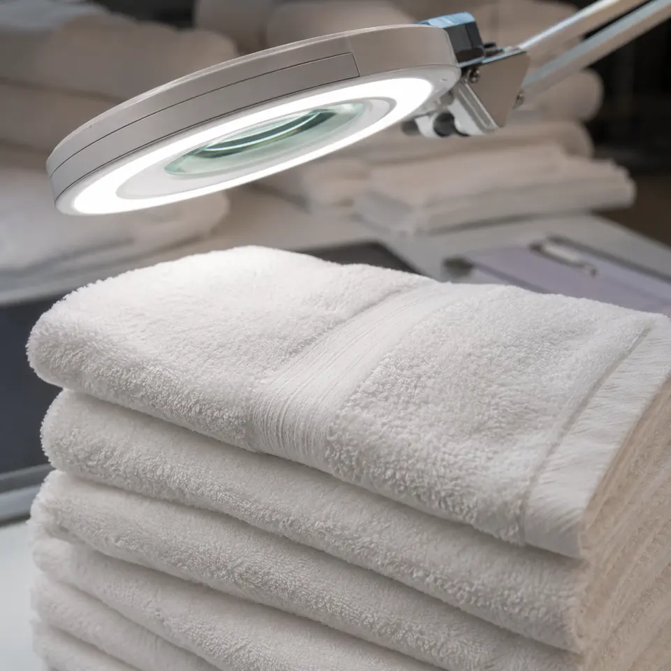White hotel towel pile examined in quality control