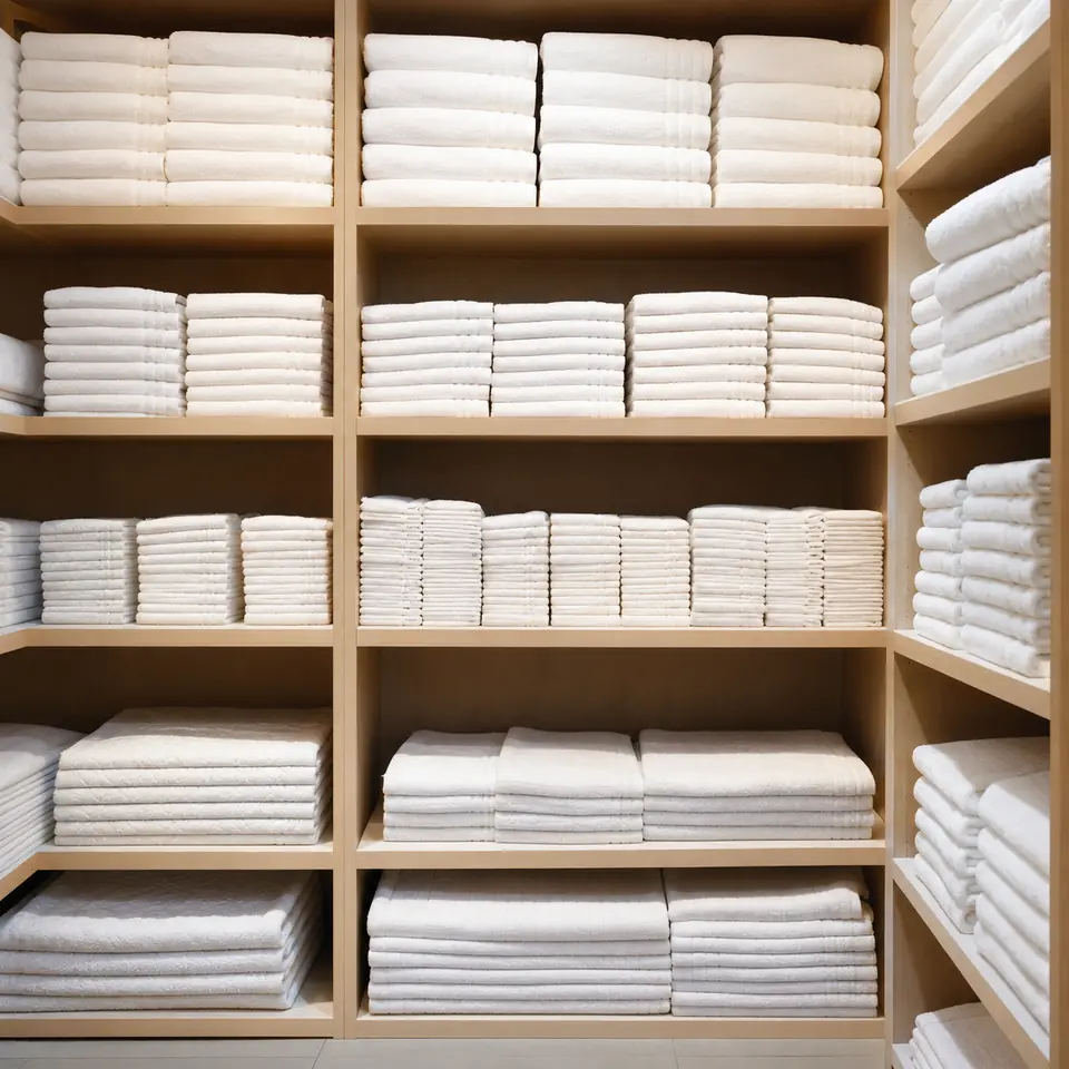 Hotel Bath Linen replenishment inventory on a housekeeping shelf
