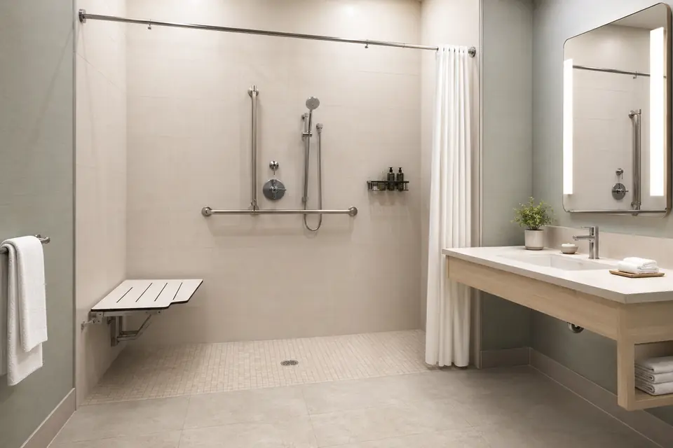 Accessible hotel bathroom with integrated safety fixtures