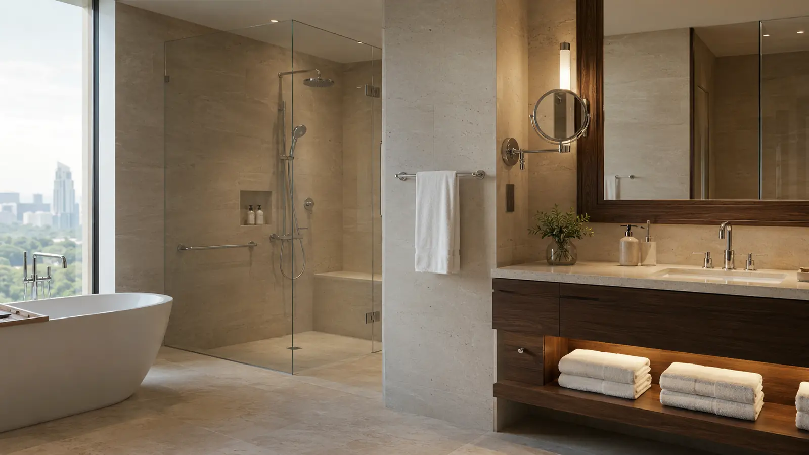 Luxury hotel bathroom with coordinated faucets, shower fixtures, mirror, and accessories