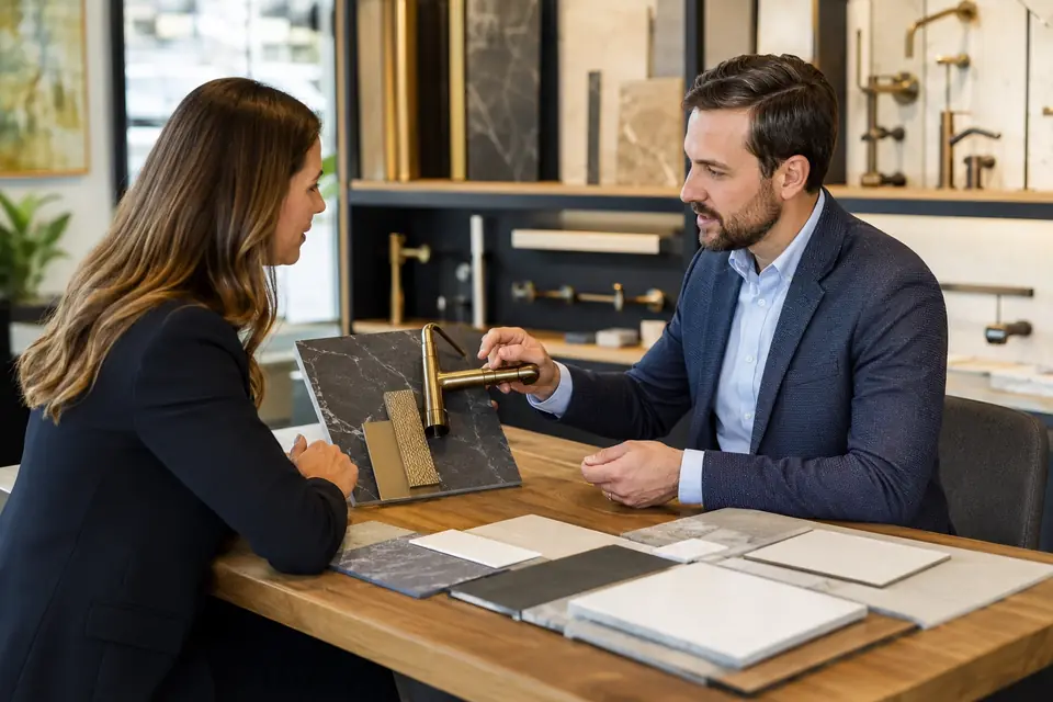 Bathroom fixture specialist reviewing hotel project requirements