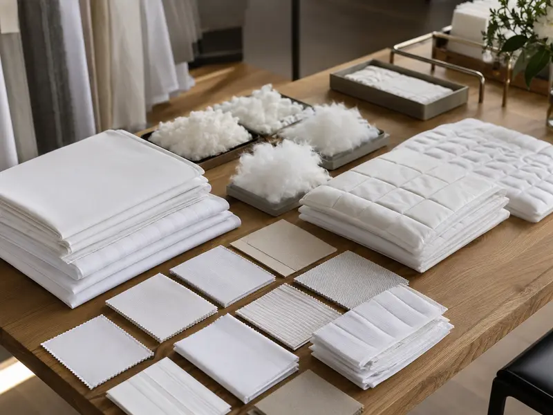 Hotel bedding fabric and color swatches prepared for approval