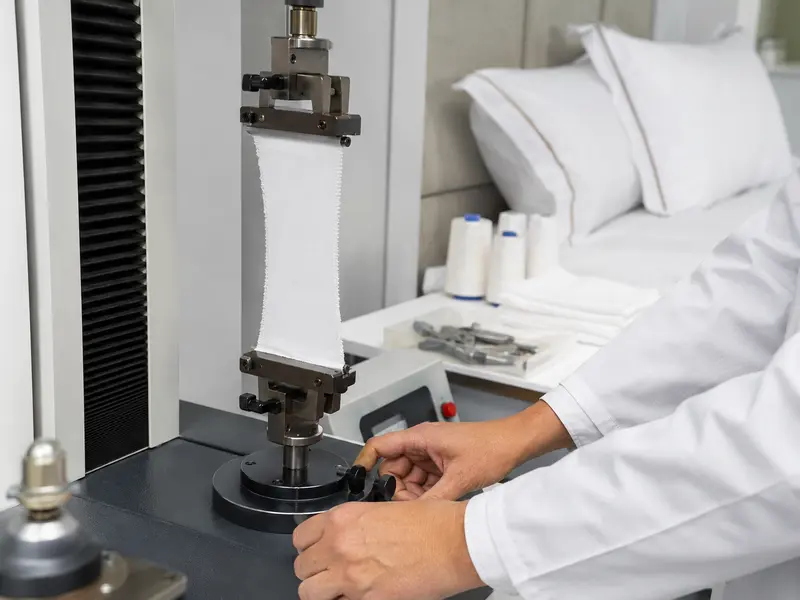 Hotel linen fabric undergoing quality testing