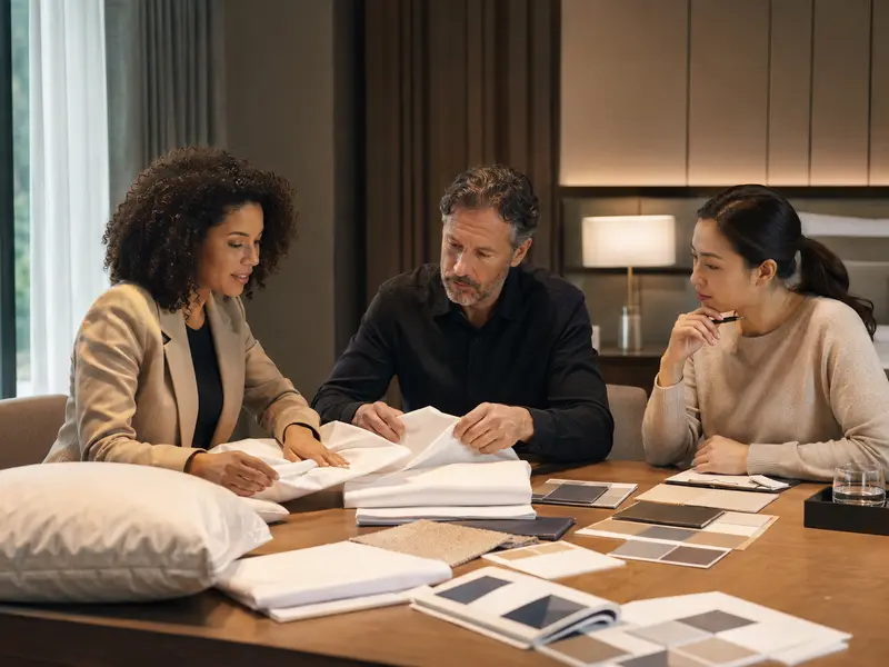 Hotel procurement team reviewing bedding specifications and swatches