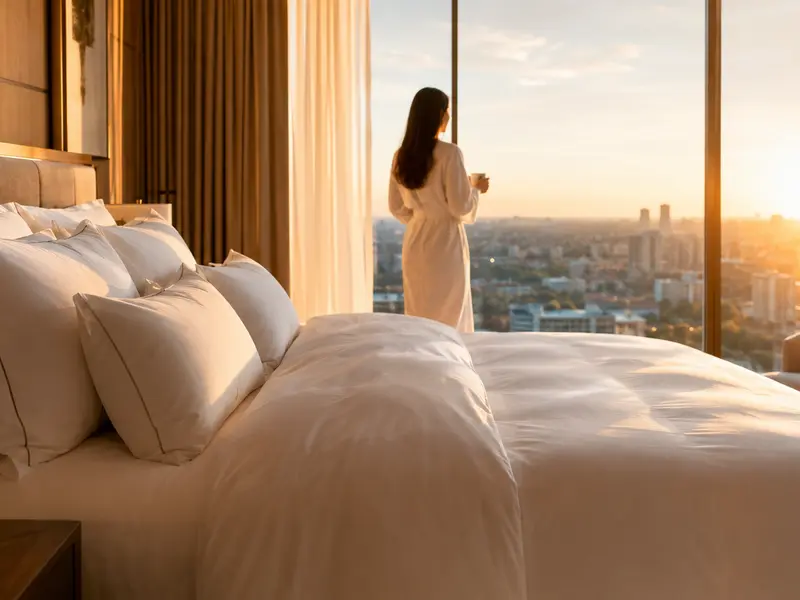 Hotel suite bedding presented in warm morning light