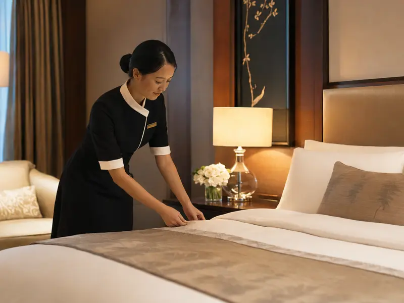 Hotel bed prepared for evening turndown service