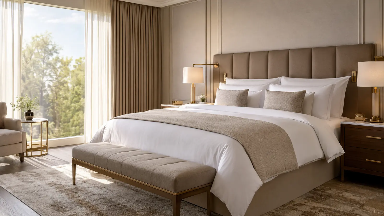 Luxury hotel bed with layered white linens, pillows, duvet, and upholstered headboard
