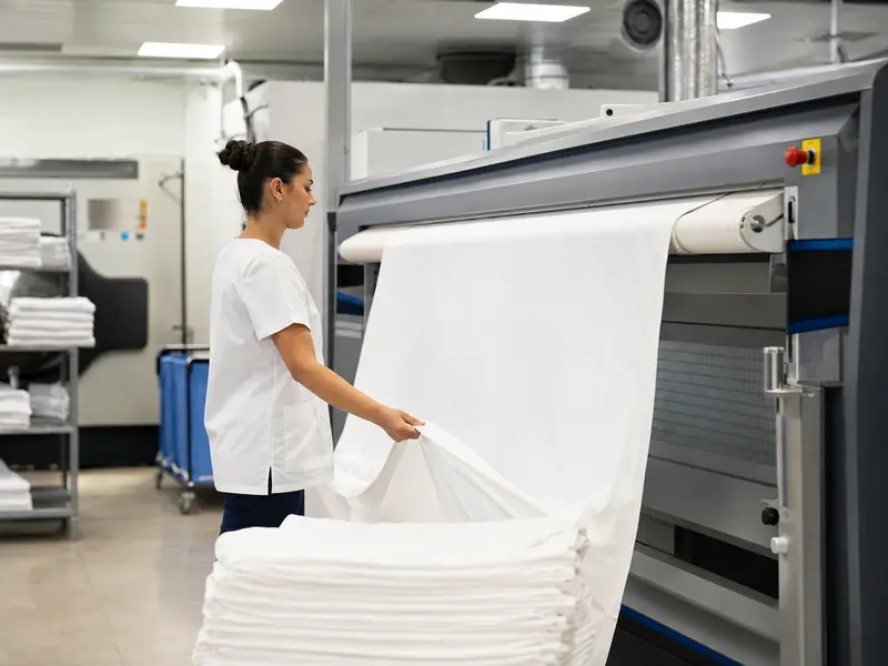 Commercial hotel laundry processing bed linens
