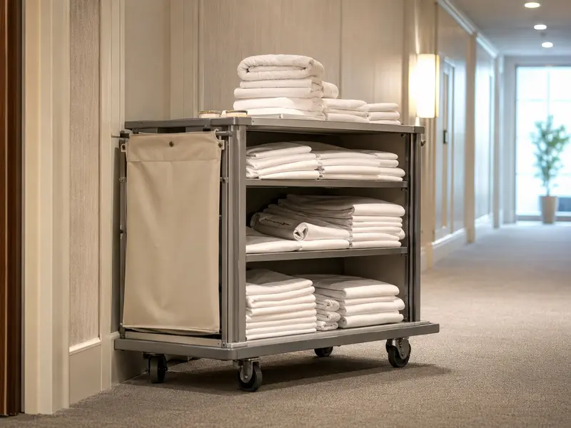 Housekeeping cart stocked with clean hotel bedding