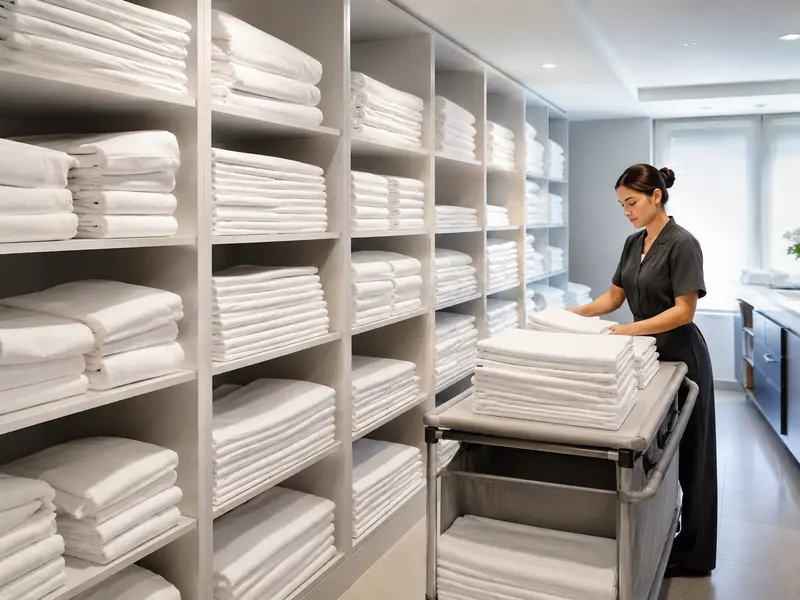 Organized hotel linen room with bedding inventory