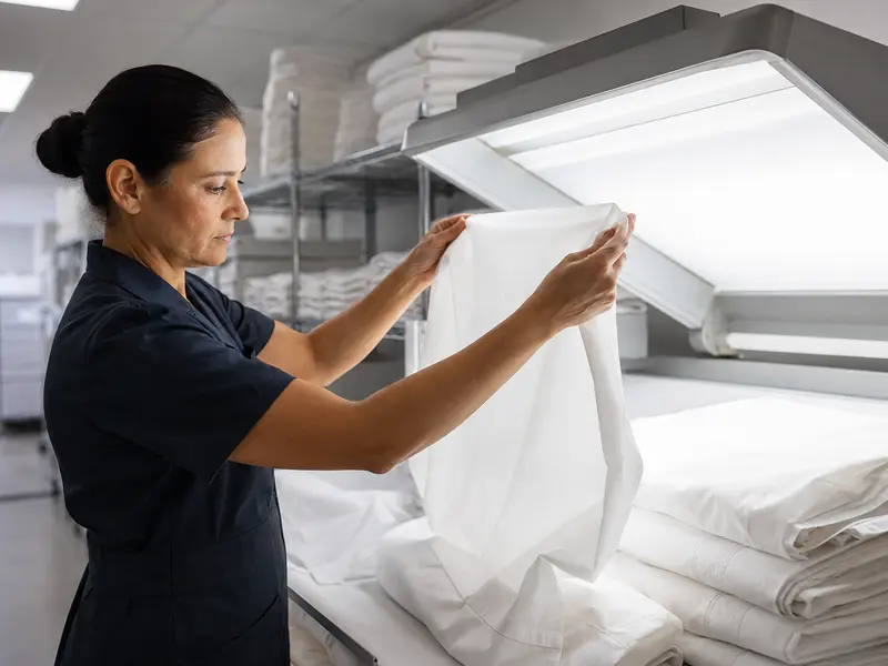 Hotel linen inspected for stains before reuse