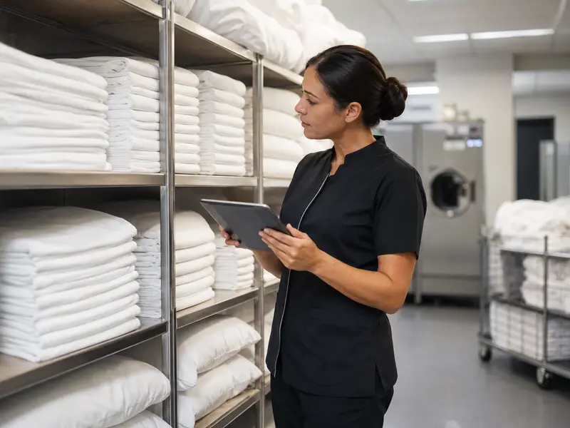 Hotel bedding inventory being counted and recorded