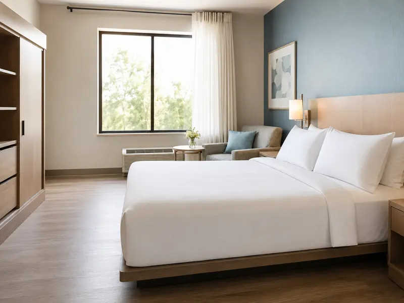 Accessible hotel room with practical bedding clearances