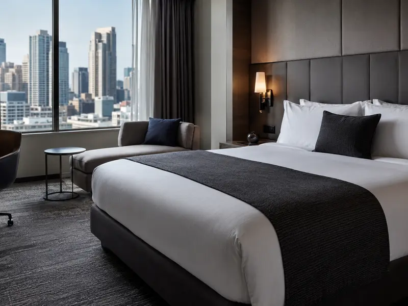 City business hotel room prepared with replacement bedding