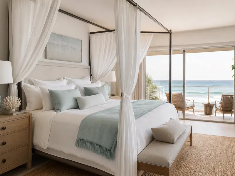 Coastal resort room with light, breathable bedding