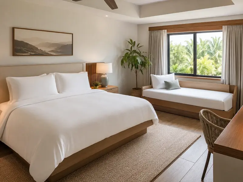Family hotel room with coordinated bed and sofa-bed linens