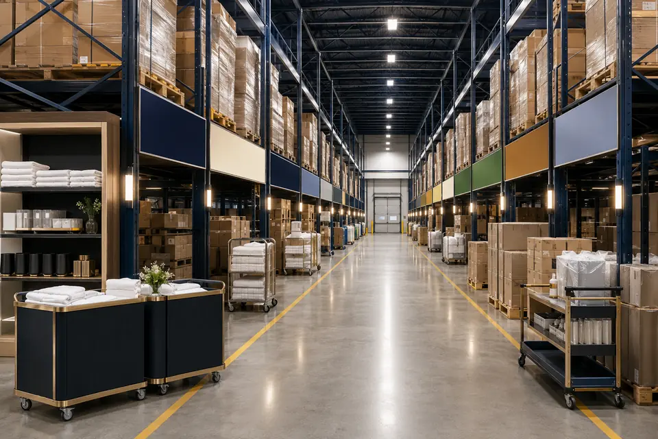 Organized hospitality supply warehouse supporting multi-property standards