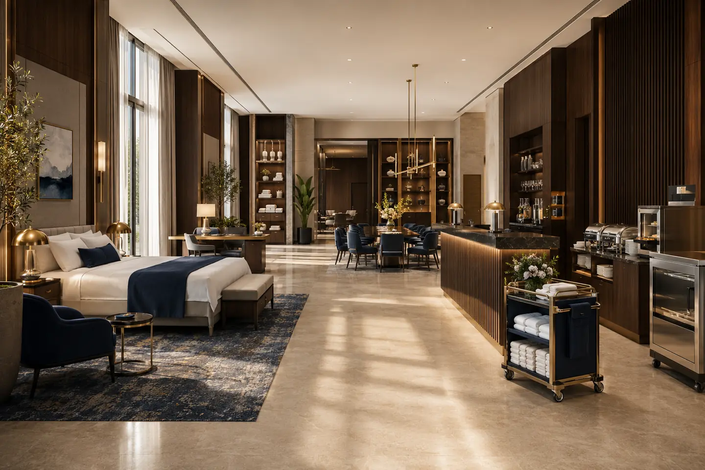 Branded hospitality procurement showroom with coordinated guest-room, lobby, dining, housekeeping, and foodservice supplies