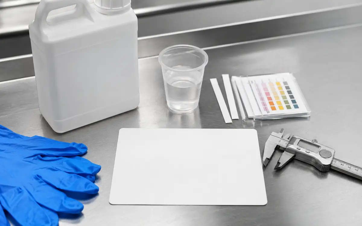 Cleaning chemical receiving sample, test strips, and inspection tools