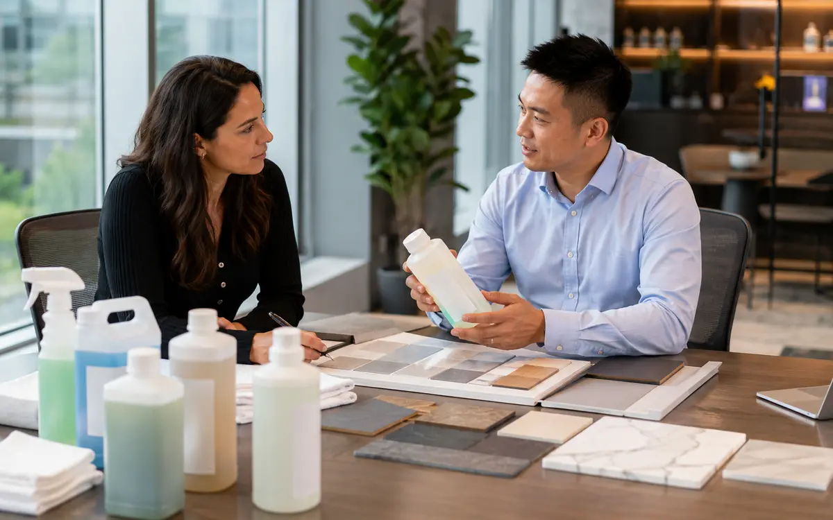 Buyer and supplier specialist reviewing cleaning chemical samples and surface materials