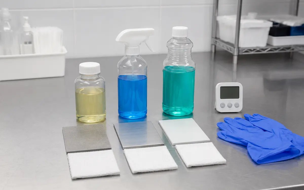 Commercial cleaning chemical samples arranged on a quality-evaluation bench