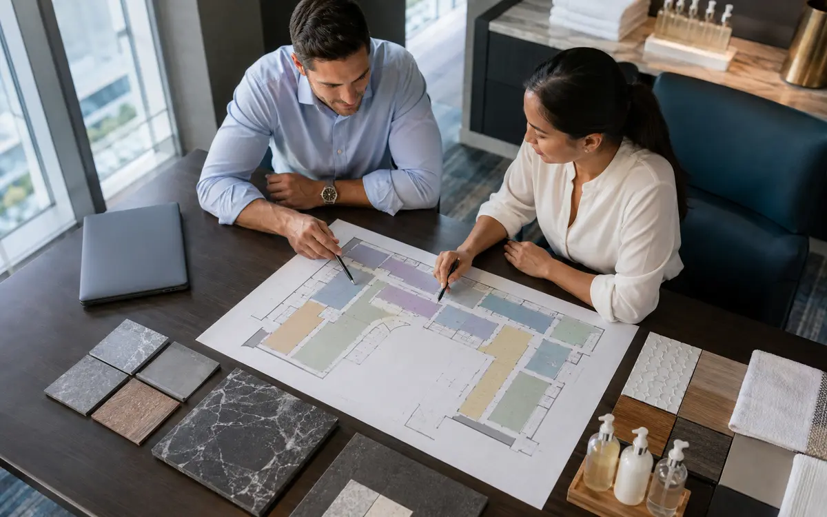 Hospitality team auditing cleaning chemical applications across a property plan