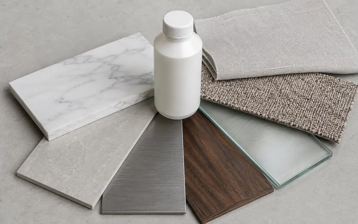 Hospitality material samples arranged for cleaning chemical compatibility review