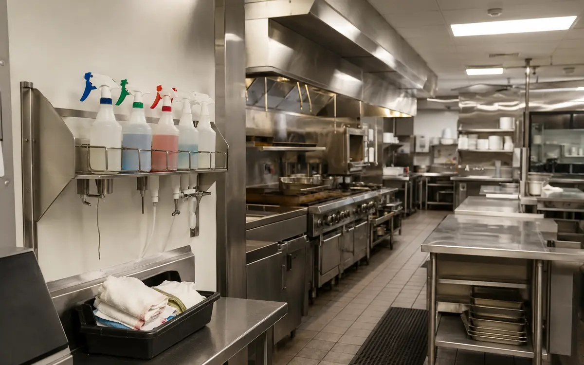 Commercial cleaning chemicals used in a hospitality kitchen environment