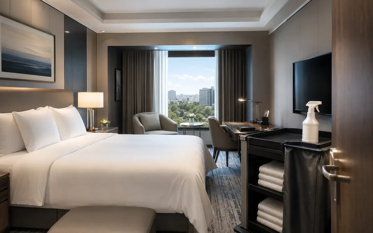 Housekeeping cleaning products prepared for hotel guestrooms and suites