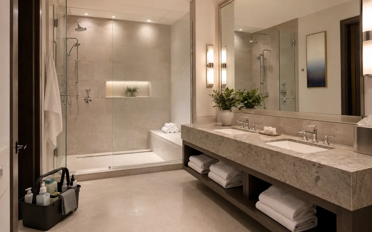 Commercial cleaning products prepared for hotel bathroom care