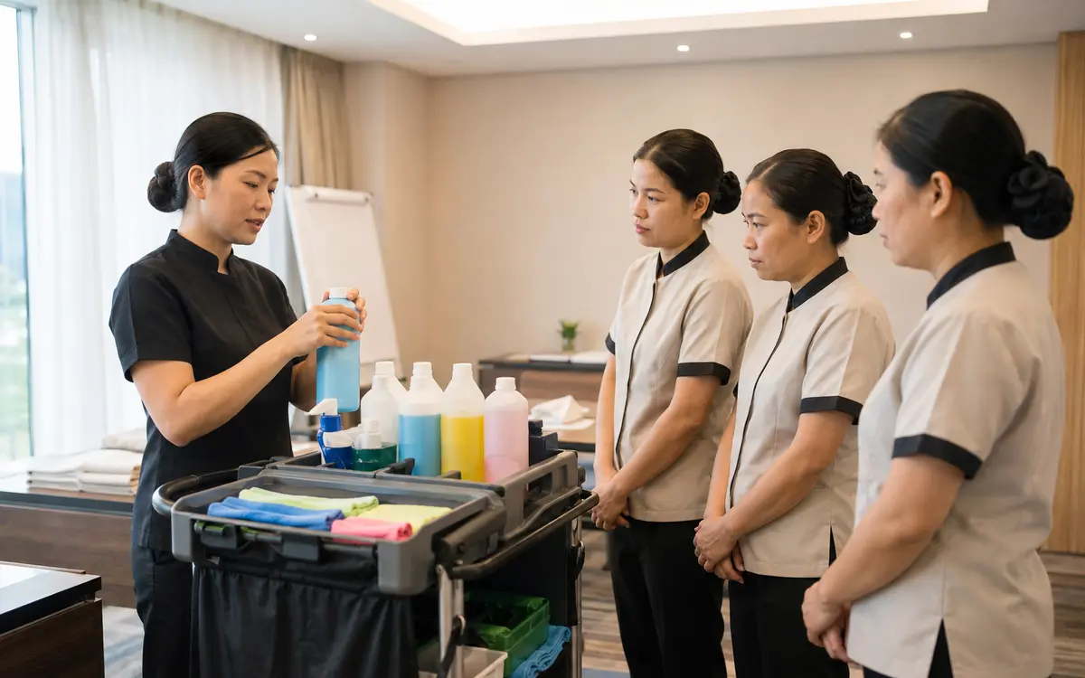Hotel housekeeping trainer demonstrating a color-coded cleaning chemical workflow